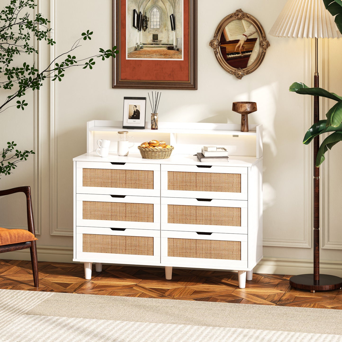 43.31"6-Drawers Rattan Storage Cabinet Rattan Drawer with LED Lights and Power Outlet,for Bedroom,Living Room,White