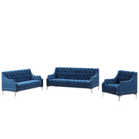 Modern three-piece sofa set with metal legs, buttoned tufted backrest, frosted velvet upholstered sofa set including three-seater sofa, double seater and living room furniture set Single chair