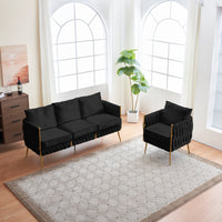 Handmade Woven Velvet Back and Sides Sofa Set, One Accent Chair And One 3 Seater Sofa, Gold Frame and Gold Legs , Modern Living Room Sofa Sets for Living Room , Black Velvet