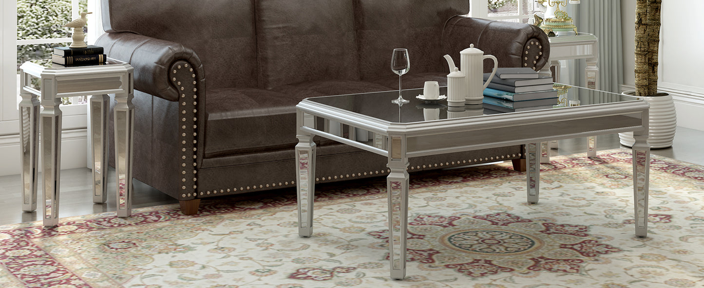 ON-TREND Contemporary Mirrored 3-Piece Coffee table and End Tables Set, Easy Assembly Cocktail Table with Adjustable Height Legs, Moderate Luxury Center Table for Living Room, Silver