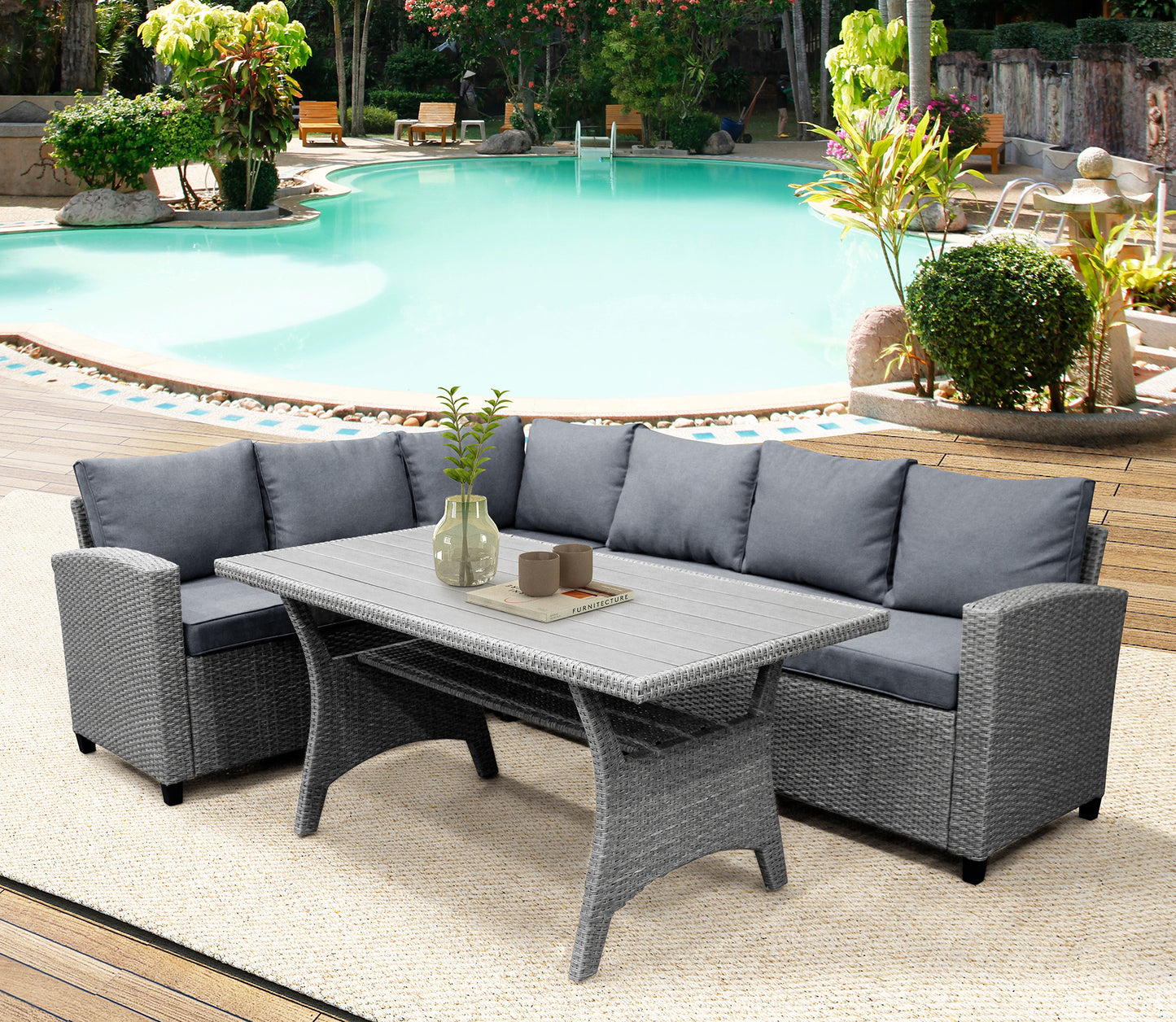 TOPMAX Patio Outdoor Furniture PE Rattan Wicker Conversation Set All-Weather Sectional Sofa Set with Table & Soft Cushions (Grey)