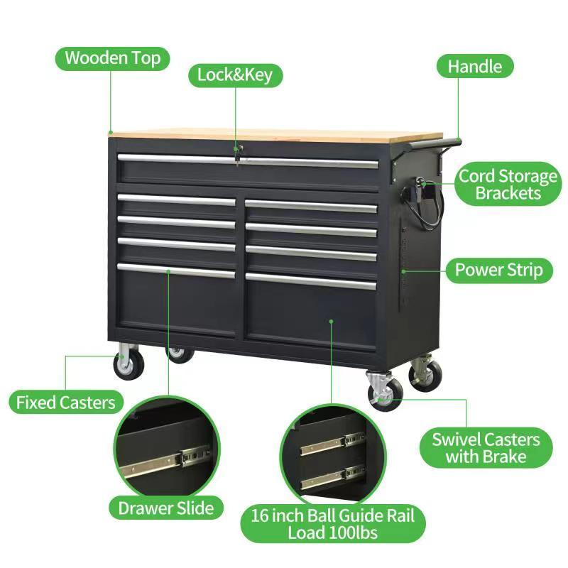 Premium 46-Inch Rolling Tool Chest with Wooden Top and 9 Drawers - 1500 lbs Load Capacity, Casters, Handle, Power Strip, Locking System - Perfect Mobile Storage Cabinet for Your Tools and Equipment.