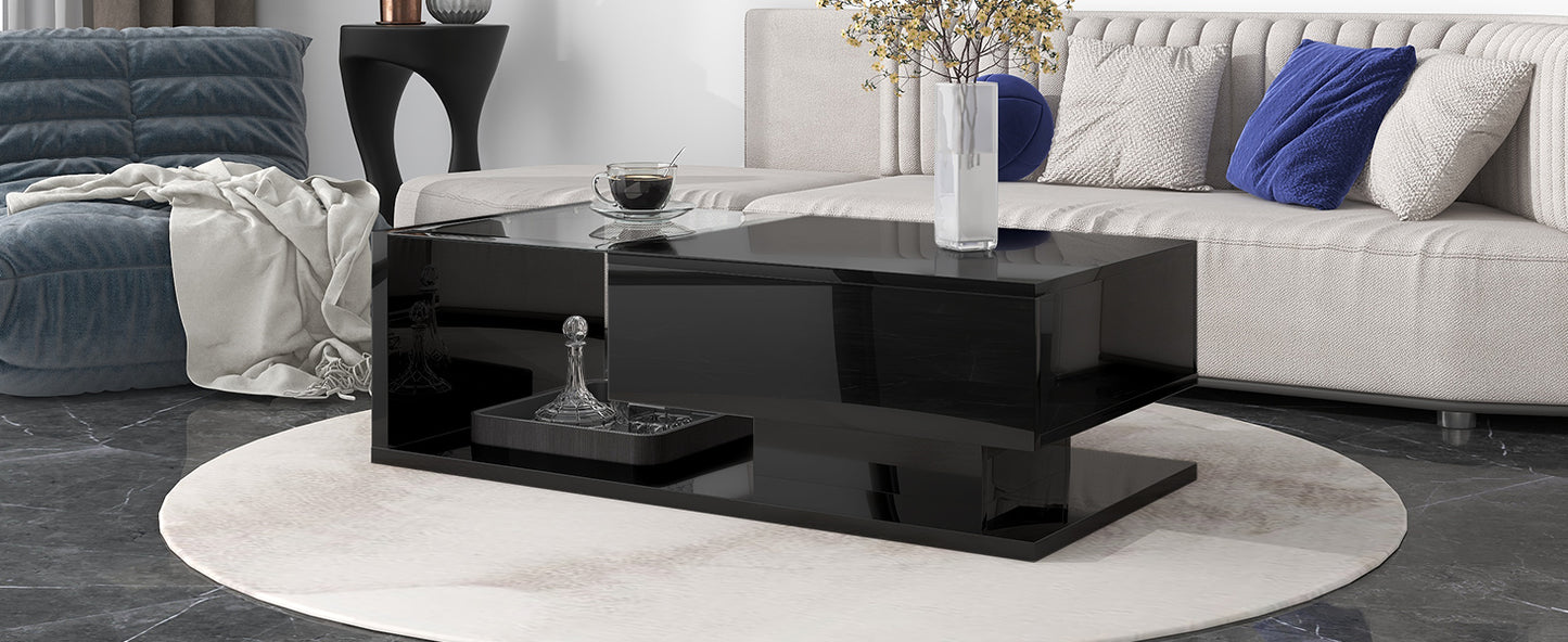 ON-TREND Modern Coffee Table with Tempered Glass, Wooden Cocktail Table with High-gloss UV Surface, Modernist 2-Tier Rectangle Center Table for Living Room, Black