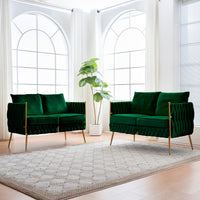 2 Pieces of Loveseat Set Modern Living Room Furniture Set Sofa Couch with Dutch Velvet, Golden Metal Legs And Handmade Woven Back, Green Velvet