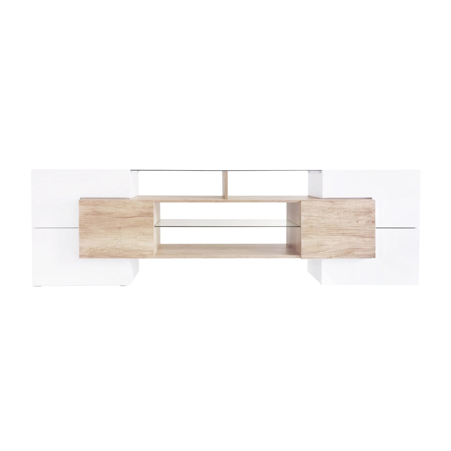 ON-TREND Unique Shape TV Stand with 2 Illuminated Glass Shelves, High Gloss Entertainment Center for TVs Up to 80", Versatile TV Cabinet with LED Color Changing Lights for Living Room, Wood