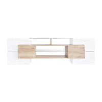 ON-TREND Unique Shape TV Stand with 2 Illuminated Glass Shelves, High Gloss Entertainment Center for TVs Up to 80", Versatile TV Cabinet with LED Color Changing Lights for Living Room, Wood