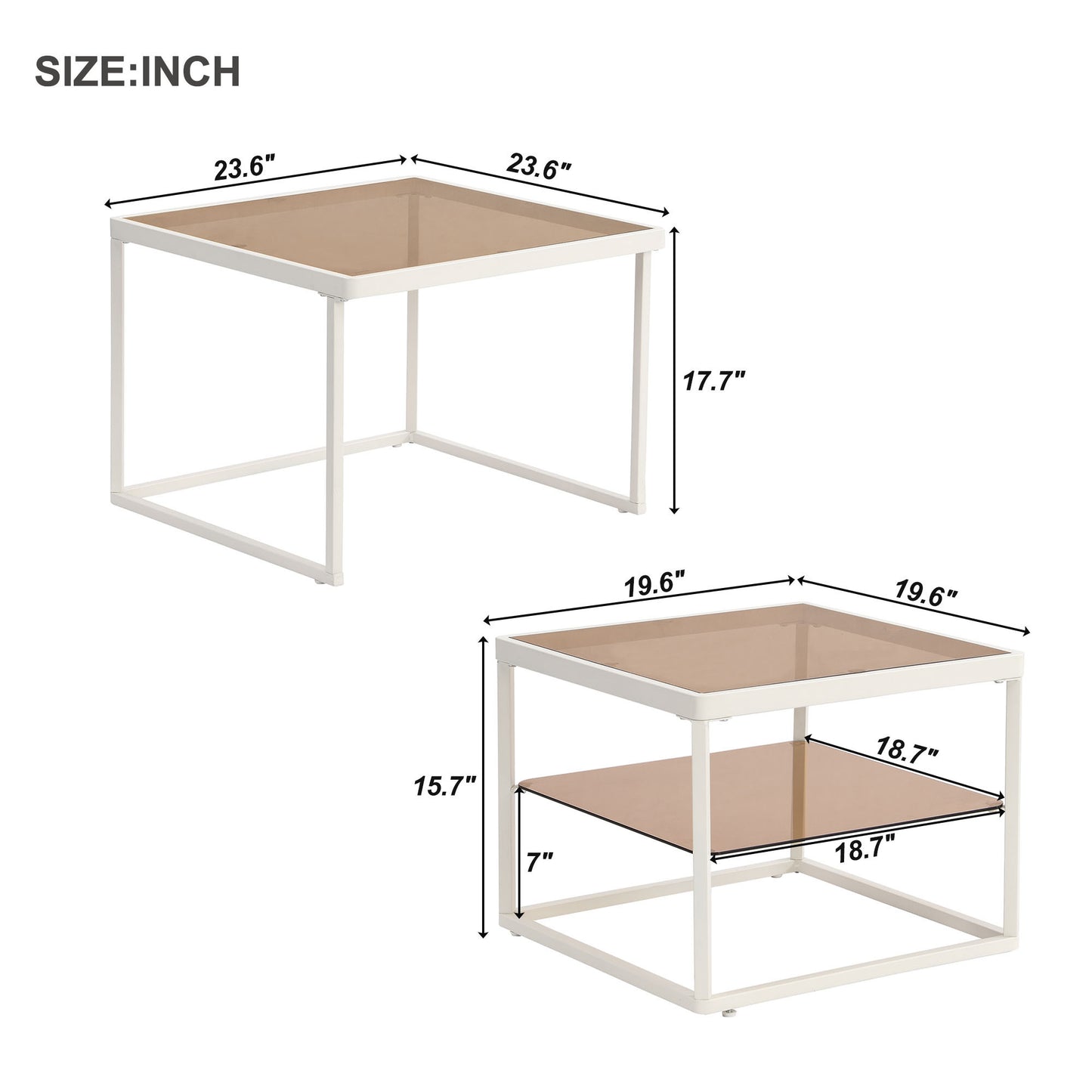 ON-TREND Modern Nested Coffee Table Set with High-low Combination Design, Brown Tempered Glass Cocktail Table with Metal Frame, Length Adjustable 2-Tier Center&End Table for Living Room, White