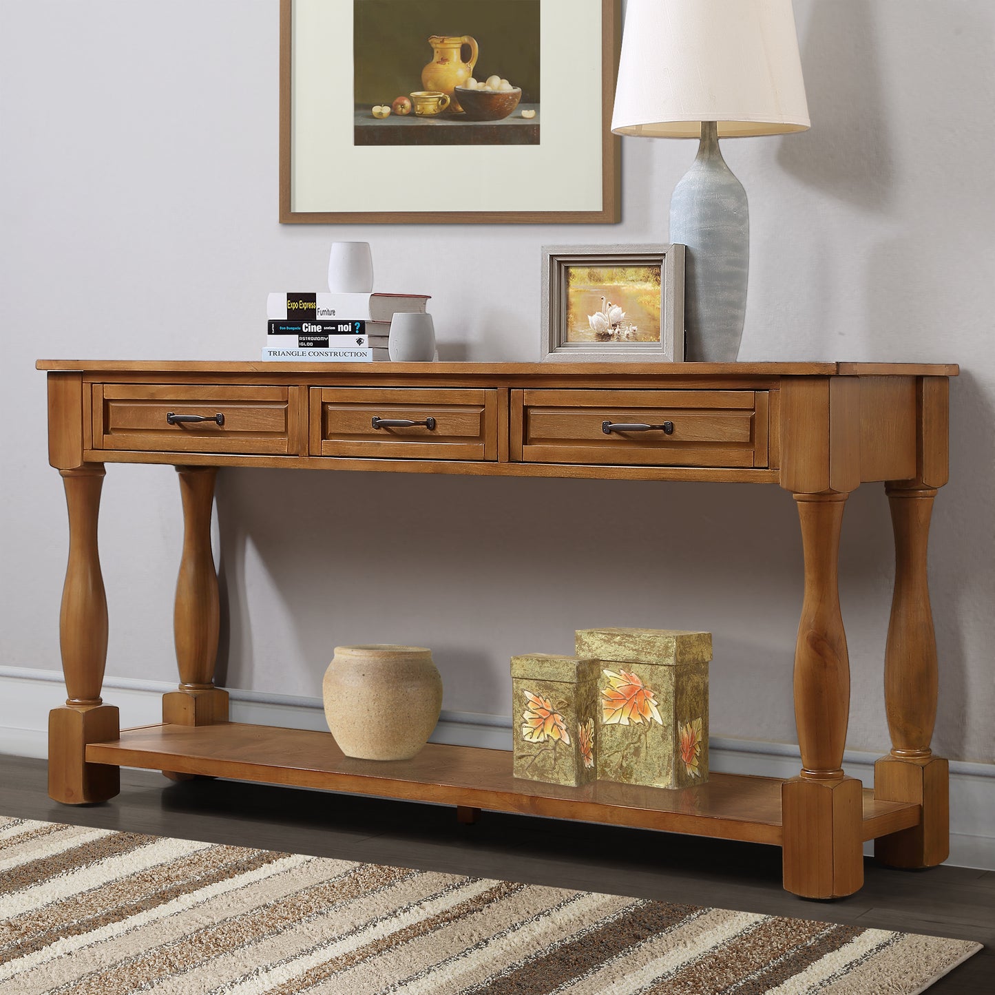 63inch Long Wood Console Table with 3 Drawers and 1 Bottom Shelf for Entryway Hallway Easy Assembly Extra-thick Sofa Table( Brown)