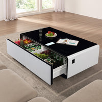 Modern Smart Coffee Table with Built-in Fridge, Bluetooth Speaker, Wireless Charging Module, Touch Control Panel, Power Socket, USB Interface, Outlet Protection, Atmosphere light, White