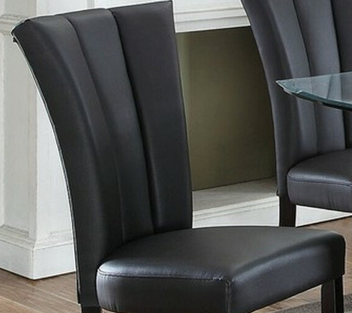 Black Faux Leather Upholstered Lines back Set of 2pc Chairs Dining Room Wide Flair back Chair