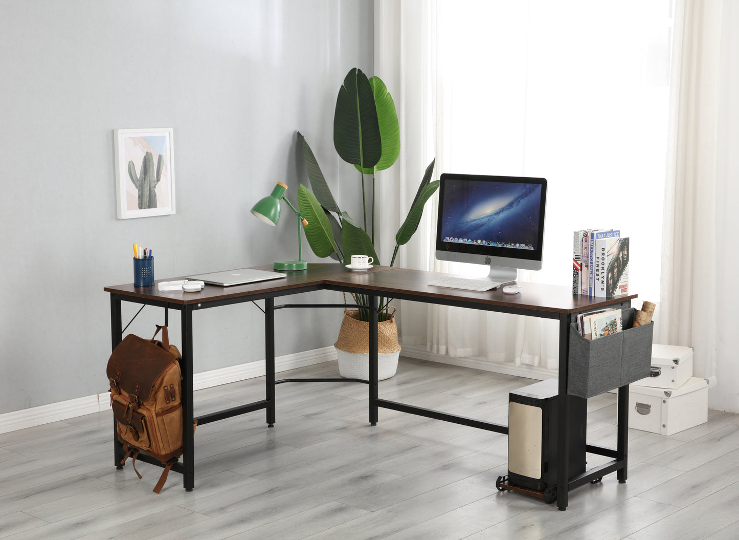 Modern Design L-Shaped Desk Corner Computer Desk PC laptop Computer Table Study Desk Home Office Wood & Metal Pella oak（包含机箱托，书包挂钩，布抽收纳袋）