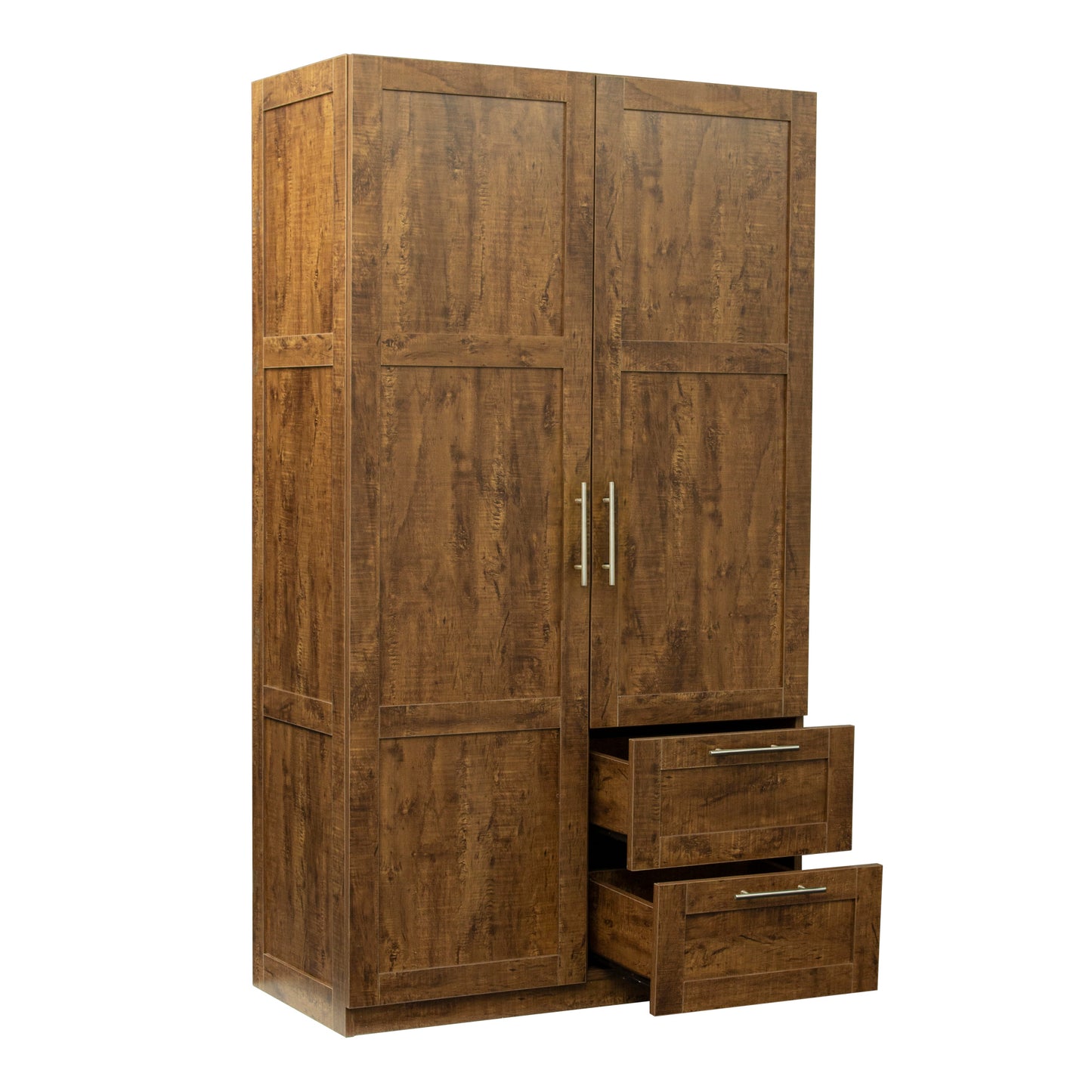 High wardrobe and kitchen cabinet with 2 doors, 2 drawers and 5 storage spaces,walnut