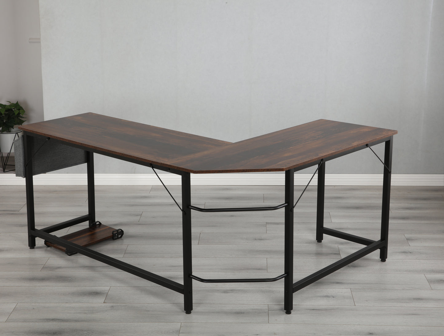 Modern Design L-Shaped Desk Corner Computer Desk PC laptop Computer Table Study Desk Home Office Wood & Metal Pella oak（包含机箱托，书包挂钩，布抽收纳袋）