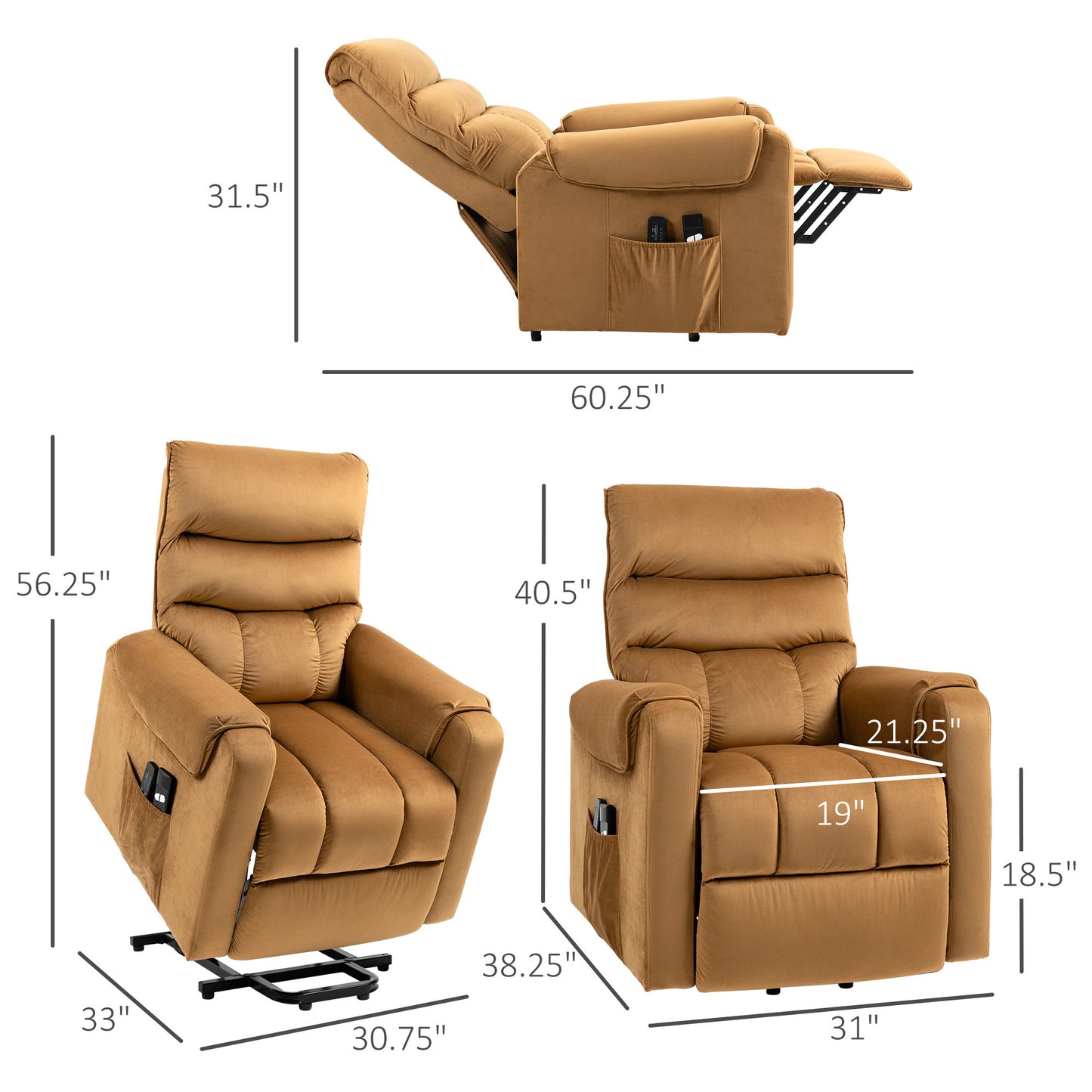 HOMCOM Power Lift Chair, Velvet Touch Upholstered Recliner Chair for Elderly with Vibration Massage, Remote Control, Side Pockets, Brown