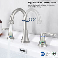 2-Handle 8 inch Widespread Bathroom Sink Faucet Brushed Nickel Lavatory Faucet 3 Hole 360° Swivel Spout Vanity Sink Basin Faucets with Pop Up Drain Assembly and cUPC Water Supply Hosesand Supply Hoses