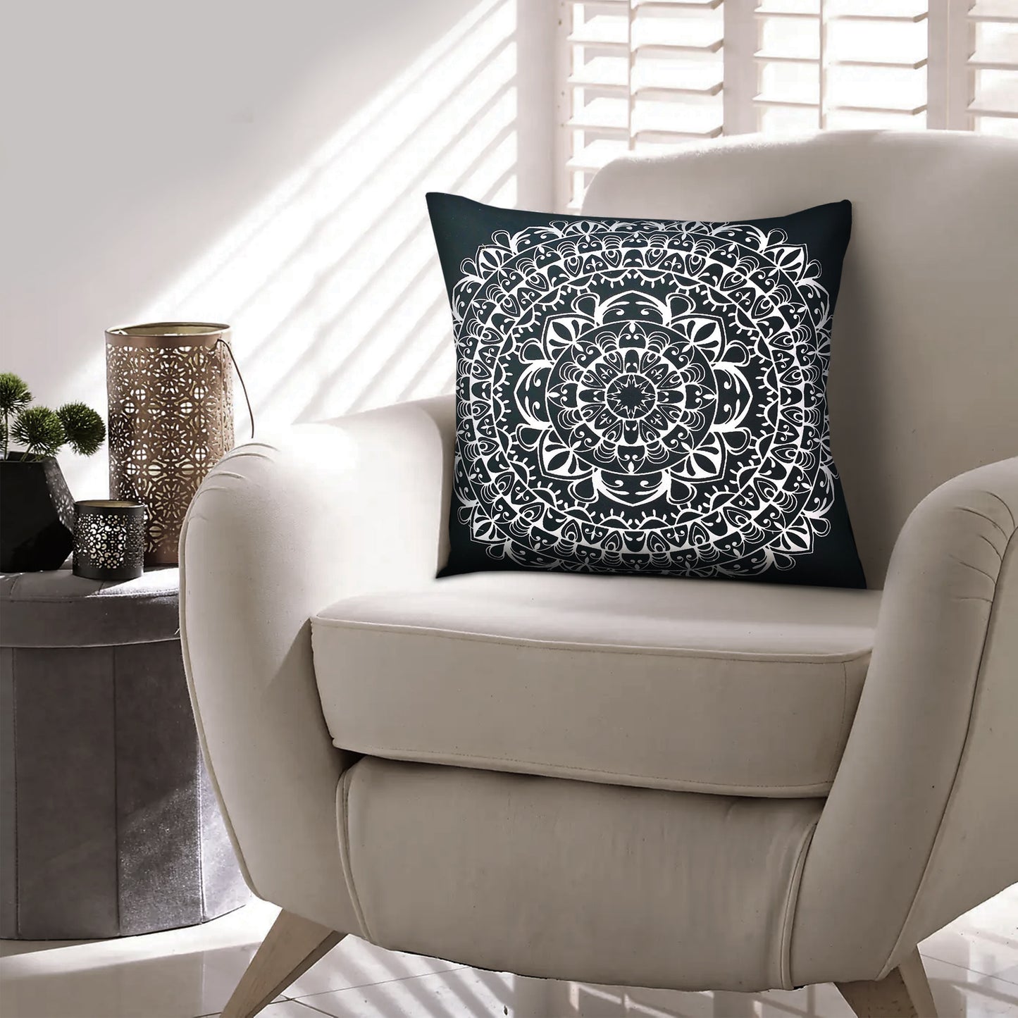 20 x 20 Modern Square Cotton Accent Throw Pillow, Mandala Design Pattern, Black, White