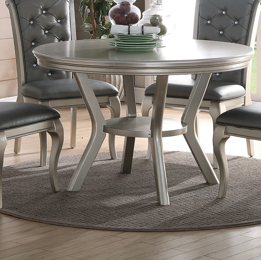 Formal Traditional Dining Table Round Table Silver Hue 5pc Dining Table w Shelf 4x Side Chairs Tufted Back Dining Room Furniture