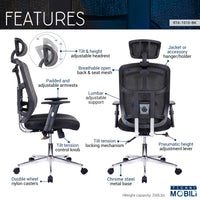 Techni Mobili High Back Executive Mesh Office Chair with Arms, Lumbar Support and Chrome Base, Black