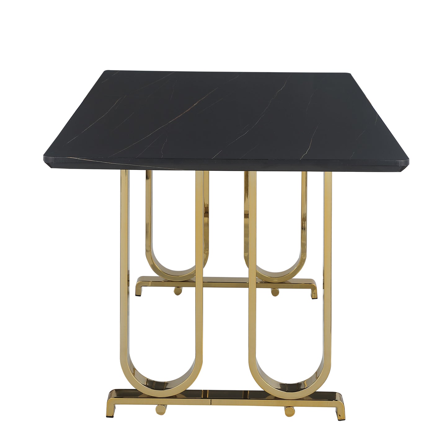 Contemporary Dining Table with Lauren Gold Black Top, Polished Gold Metal Base, 71" W x 35" D x 30" H, Black+Polished Gold