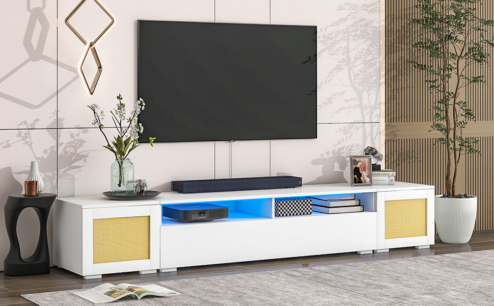 ON-TREND Rattan Style Entertainment Center with Push to Open Doors, 3-pics Extended TV Console Table for TVs Up to 90'', Modern TV Stand with Color Changing LED Lights for  Home Theatre, White