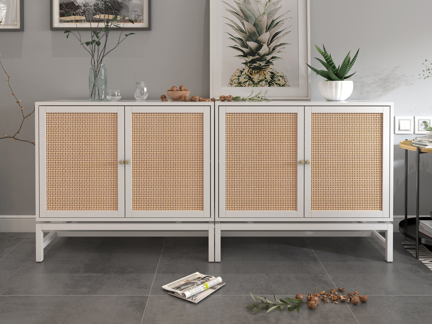 Natural rattan 2 door cabinet, with 1 Adjustable Inner Shelves, rattan, Accent Storage Cabinet, Set of 2