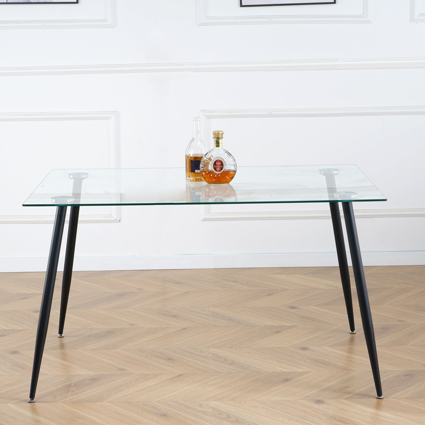 Modern Kitchen Glass dining table 51" Rectangular  Tempered Glass Table top,Clear Dining Table Metal Legs, Black legs