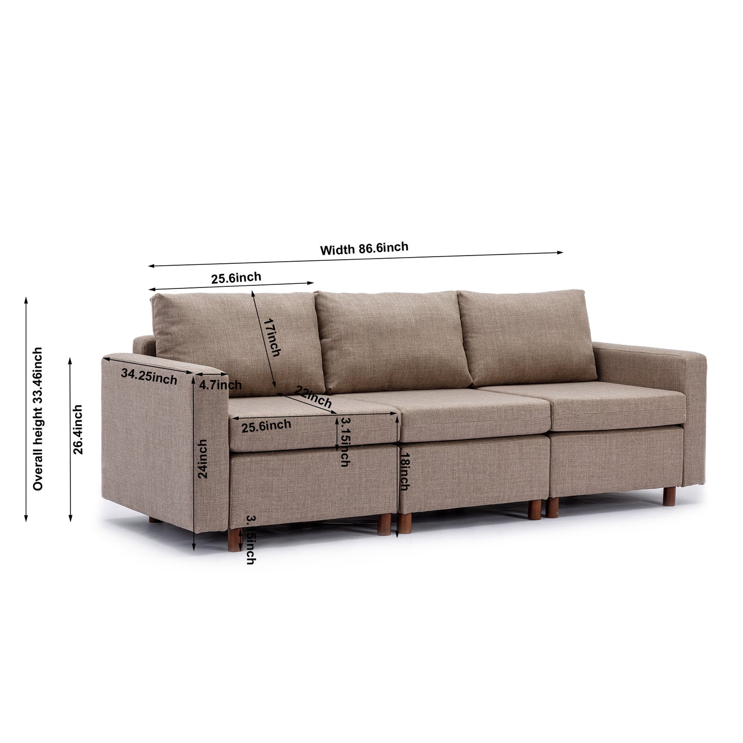 3 Seat Module Sectional Sofa Couch With 1 Ottoman for living room,Seat Cushion and Back Cushion Non-Removable and Non-Washable,Brown