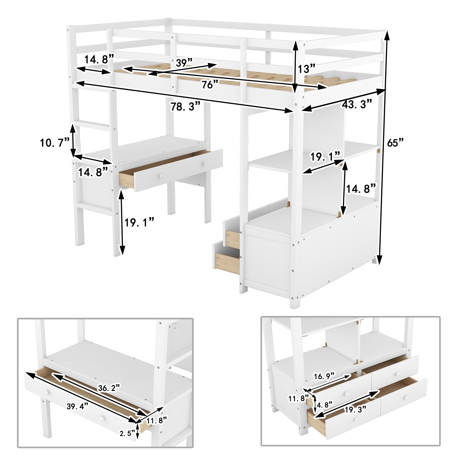 Twin  Size Loft Bed with Built-in Desk with Two Drawers, and Storage Shelves and Drawers,White