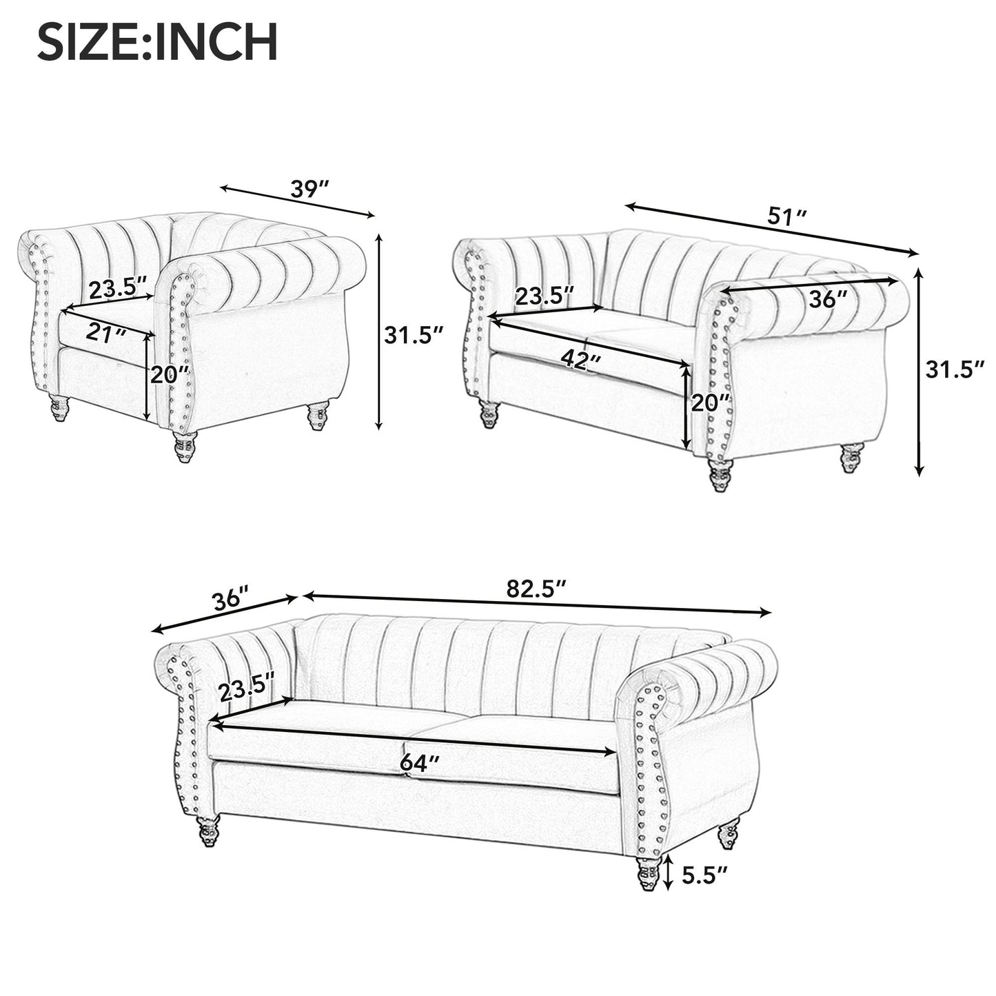 51" Modern Sofa Dutch Fluff Upholstered sofa with solid wood legs, buttoned tufted backrest,blue