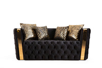 Naomi Button Tufted 3 Pc Sofa Set with Velvet Fabric and Gold Accent in Black