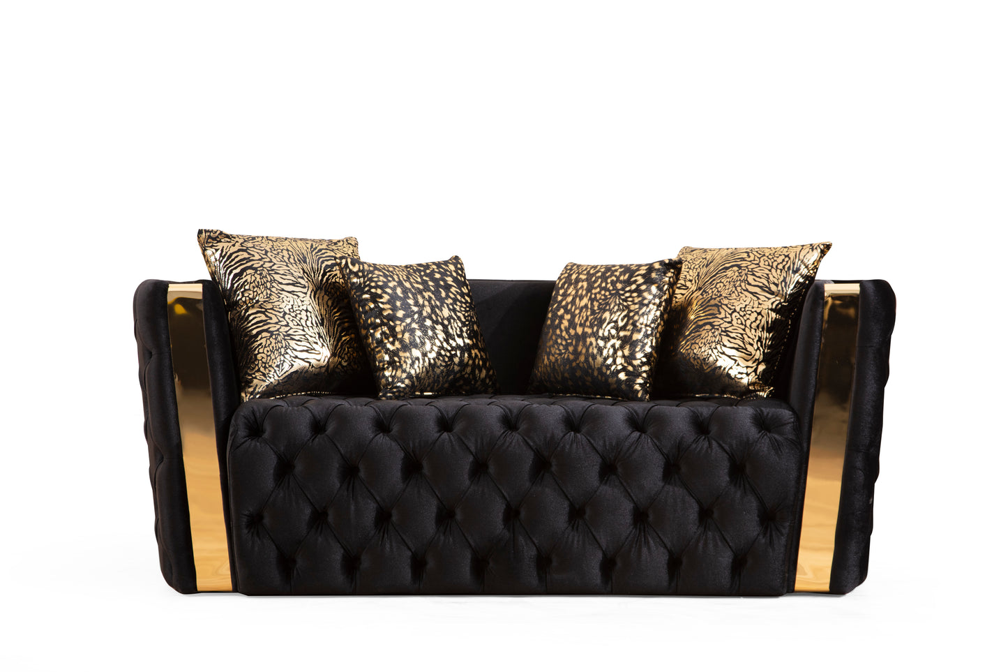 Naomi Button Tufted 2 Pc Sofa Set with Velvet Fabric and Gold Accent in Black