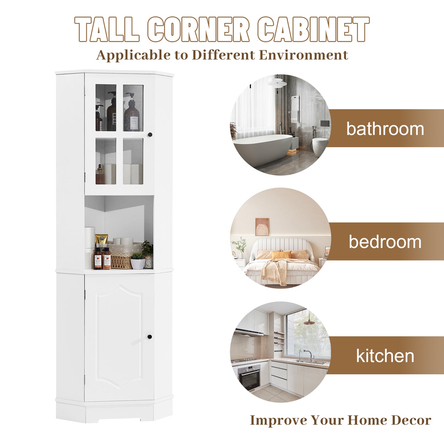 Tall Bathroom Storage Cabinet, Corner Cabinet with Glass Door, Open Storage, Adjustable Shelf, White