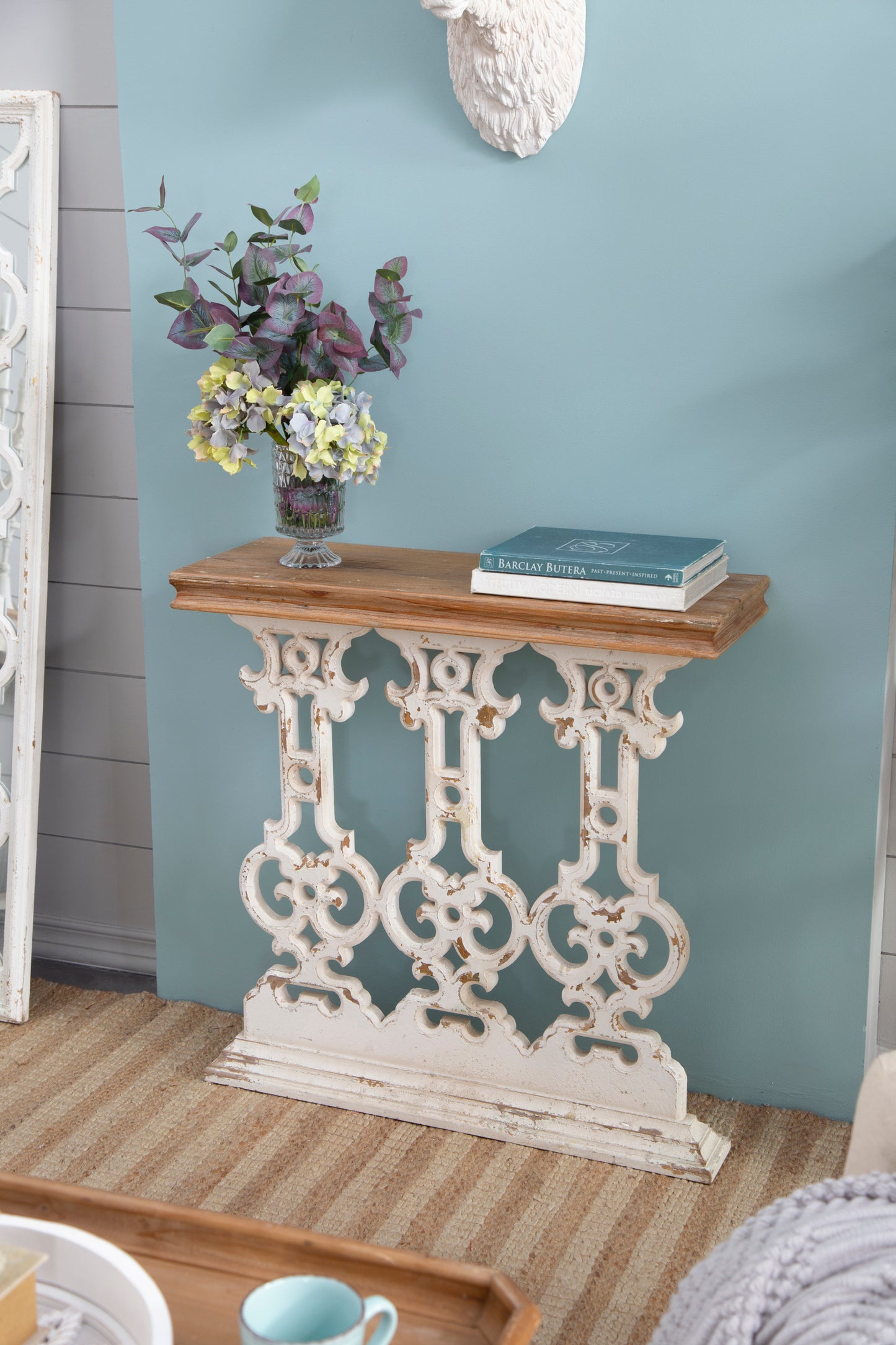 32" x 12" x 32" Classic Vintage White Wash Console Table with Brown Wood Top