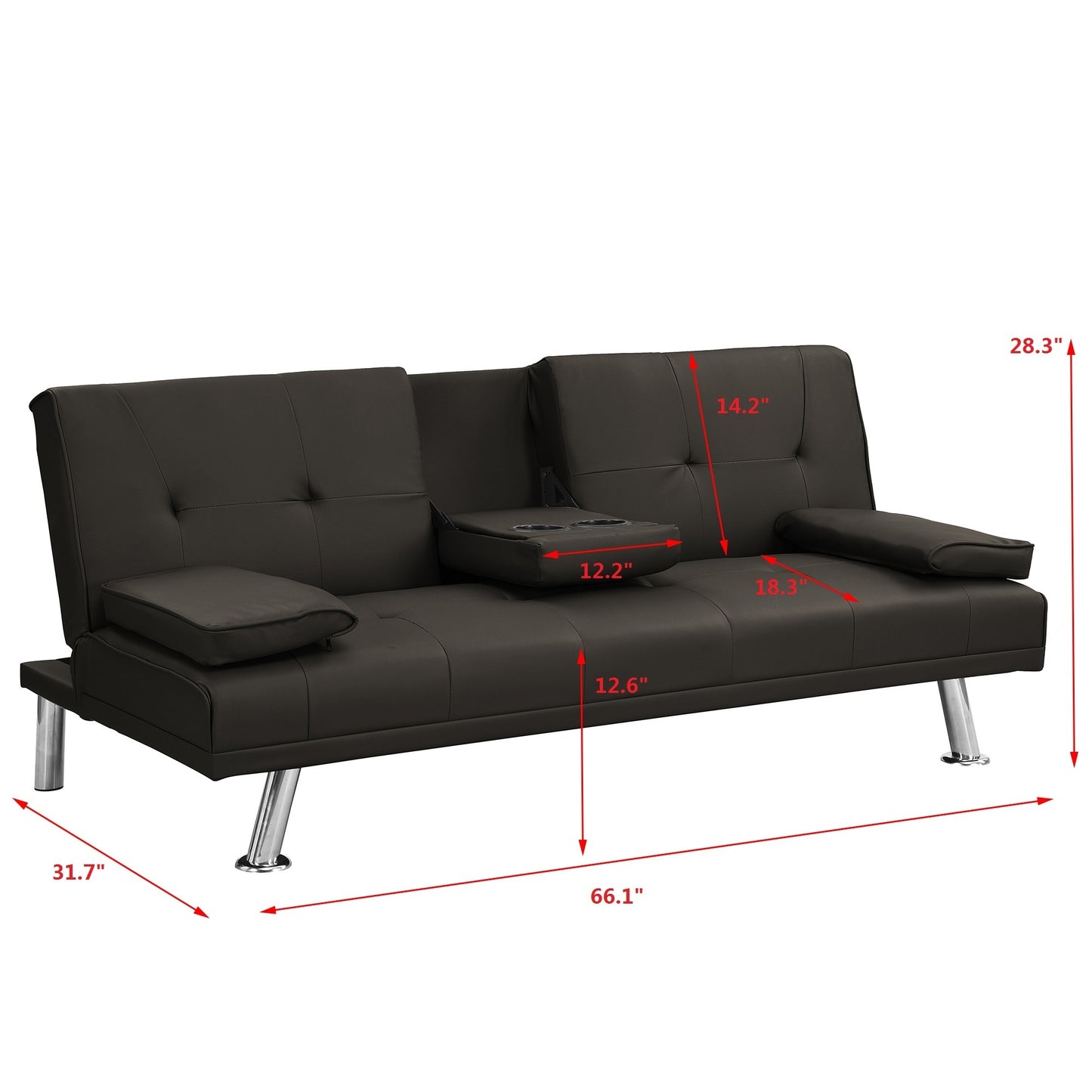 Sofa Bed with Armrest two holders  WOOD FRAME, STAINLESS LEG, FUTON BROWN  PVC,DARK BROWN