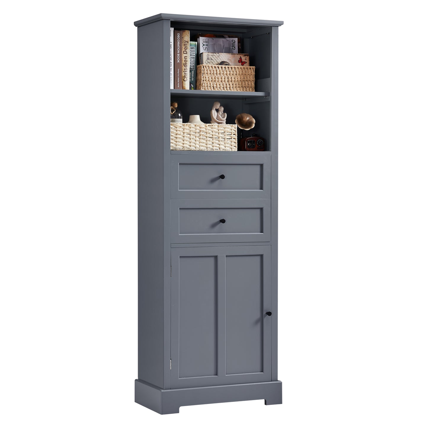 Bathroom Storage Cabinet, Tall Storage Cabinet with Two Drawers, Open Storage, Adjustable Shelf, Grey