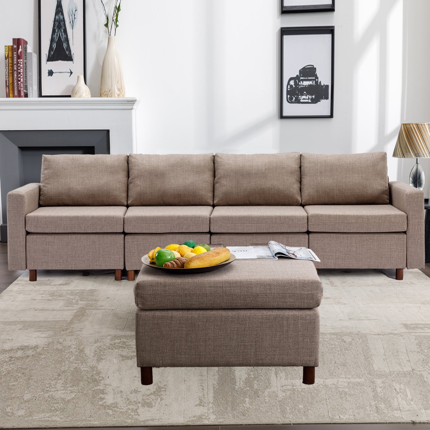 4 Seat Module Sectional Sofa Couch With 1 Ottoman for living room,Seat Cushion and Back Cushion Non-Removable and Non-Washable,Brown