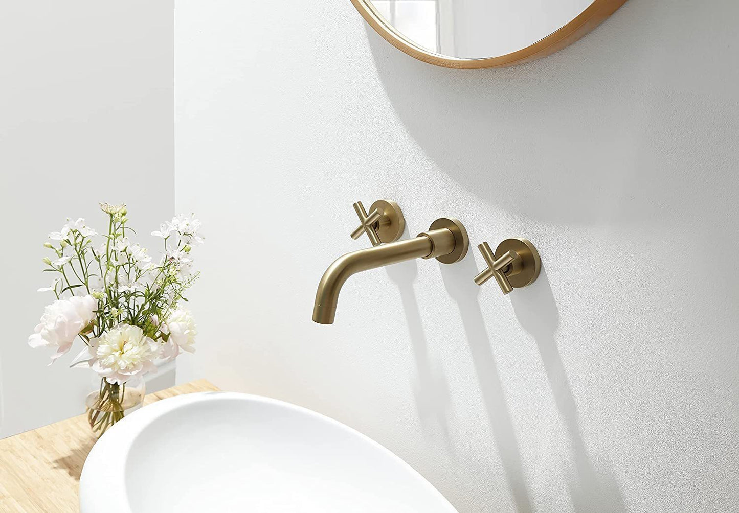 Double Handle Wall Mount Bathroom Faucet Brushed Gold