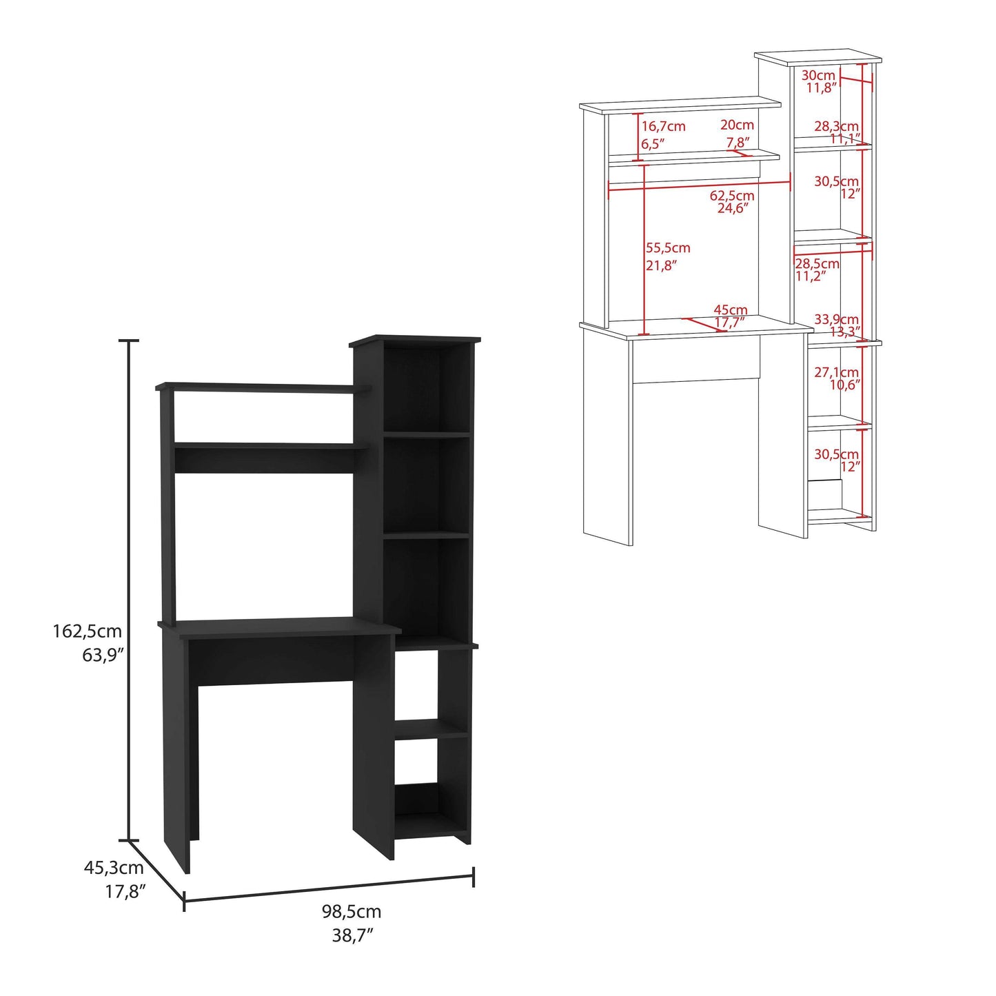 Detroit 2 Piece Office Set, Dozza Bookcase + Aramis Desk, Black