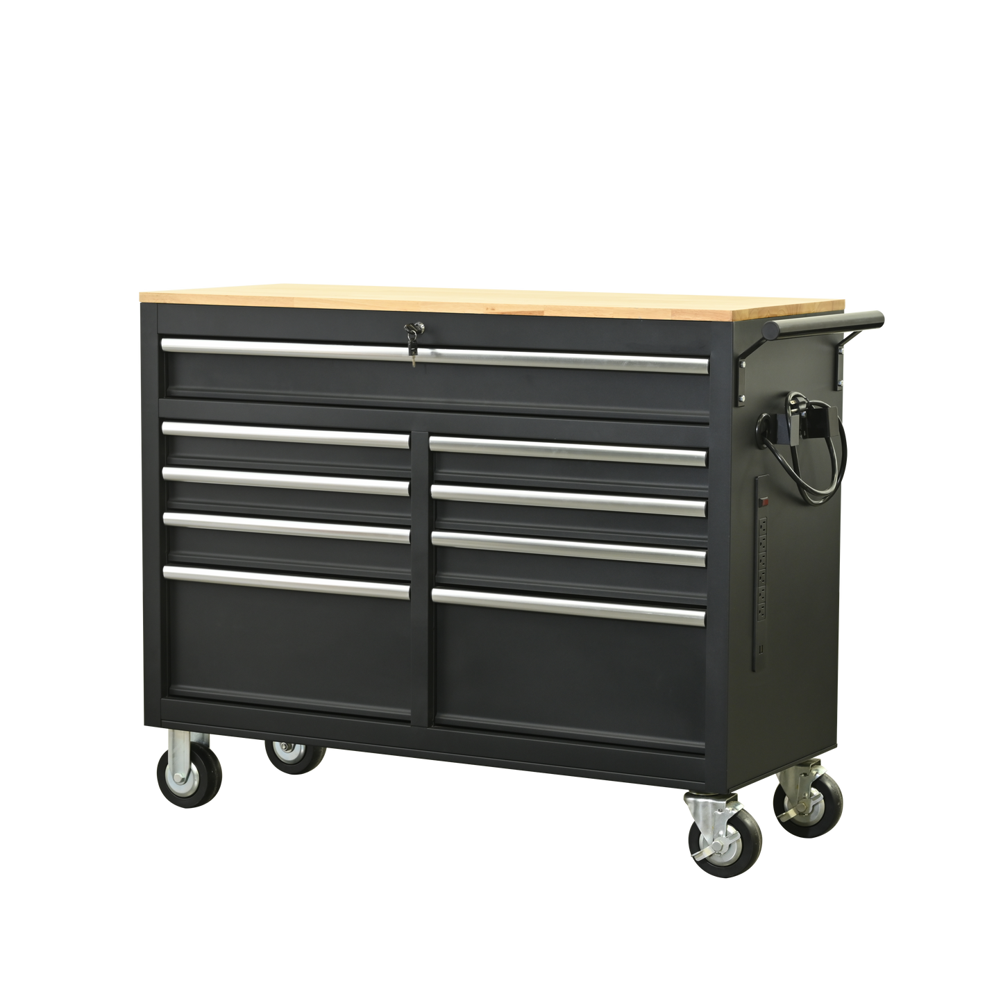 Premium 46-Inch Rolling Tool Chest with Wooden Top and 9 Drawers - 1500 lbs Load Capacity, Casters, Handle, Power Strip, Locking System - Perfect Mobile Storage Cabinet for Your Tools and Equipment.