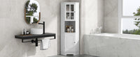 Tall Bathroom Storage Cabinet, Corner Cabinet with Glass Door, Open Storage, Adjustable Shelf, White