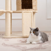 Cat Tree, 59-Inch Cat Tower for Indoor Cats, Plush Multi-Level Cat Condo with 2 Perches, 2 Caves, Cozy Basket and Scratching Board, Beige