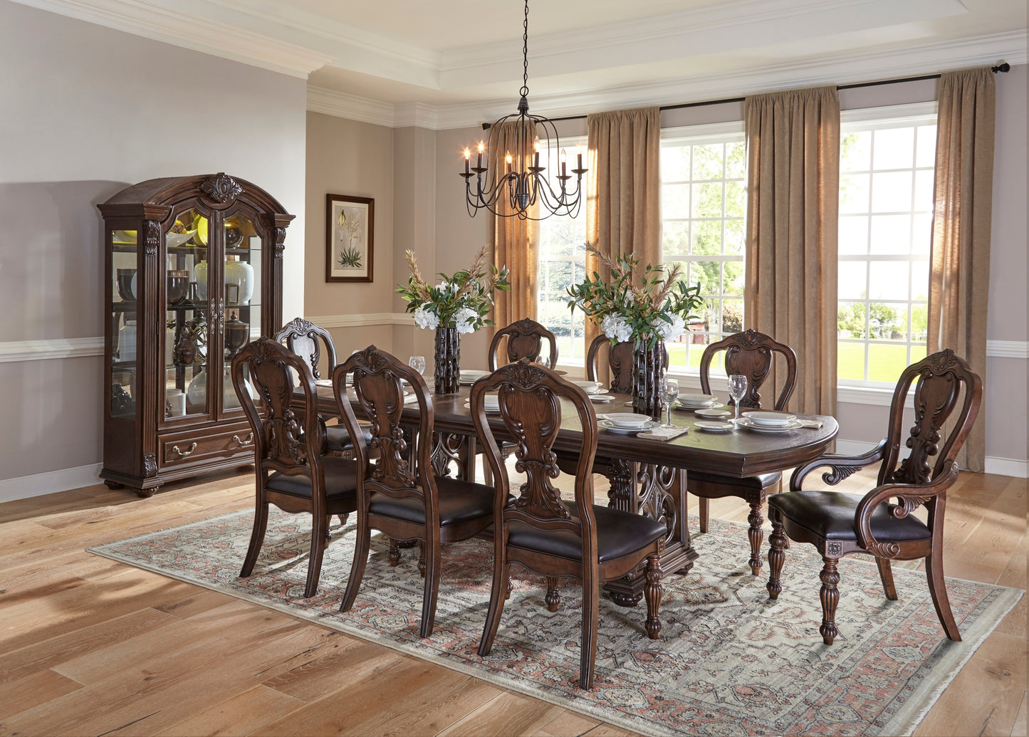 Lavish Style Formal Dining 5pc set Dining Table w Extension Leaf and 4x Side Chairs Dark Oak Finish Wooden Furniture