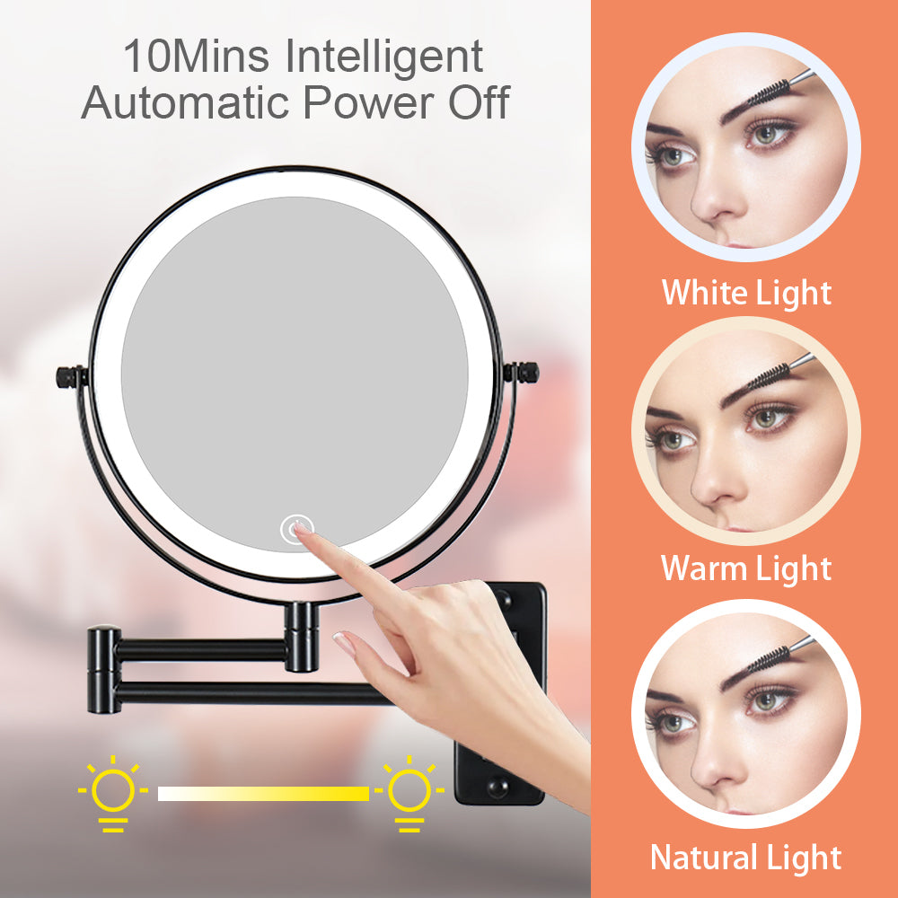 8-inch Wall Mounted Makeup Vanity Mirror, 3 colors Led lights, 1X/10X Magnification Mirror, 360° Swivel with Extension Arm (Black)