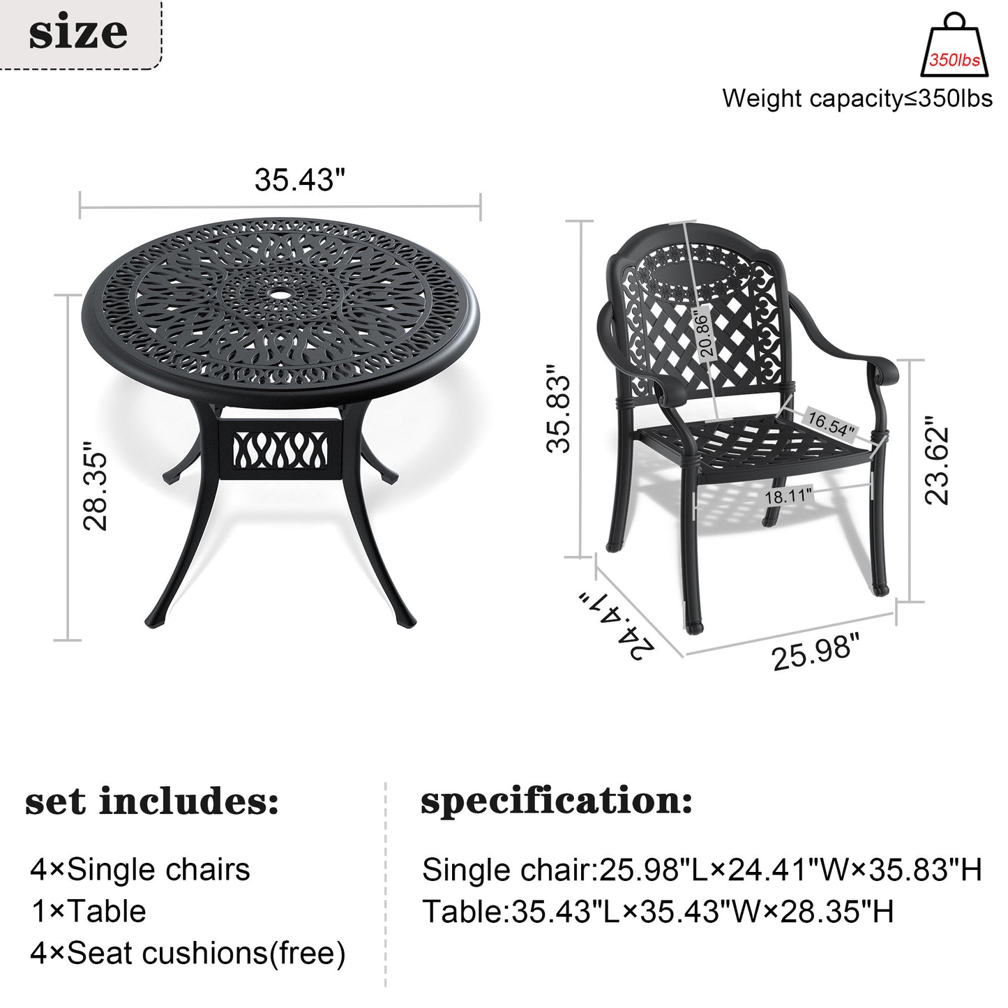 5-Piece Set Of Cast Aluminum Patio Furniture  With Black Frame and  Seat Cushions In Random Colors