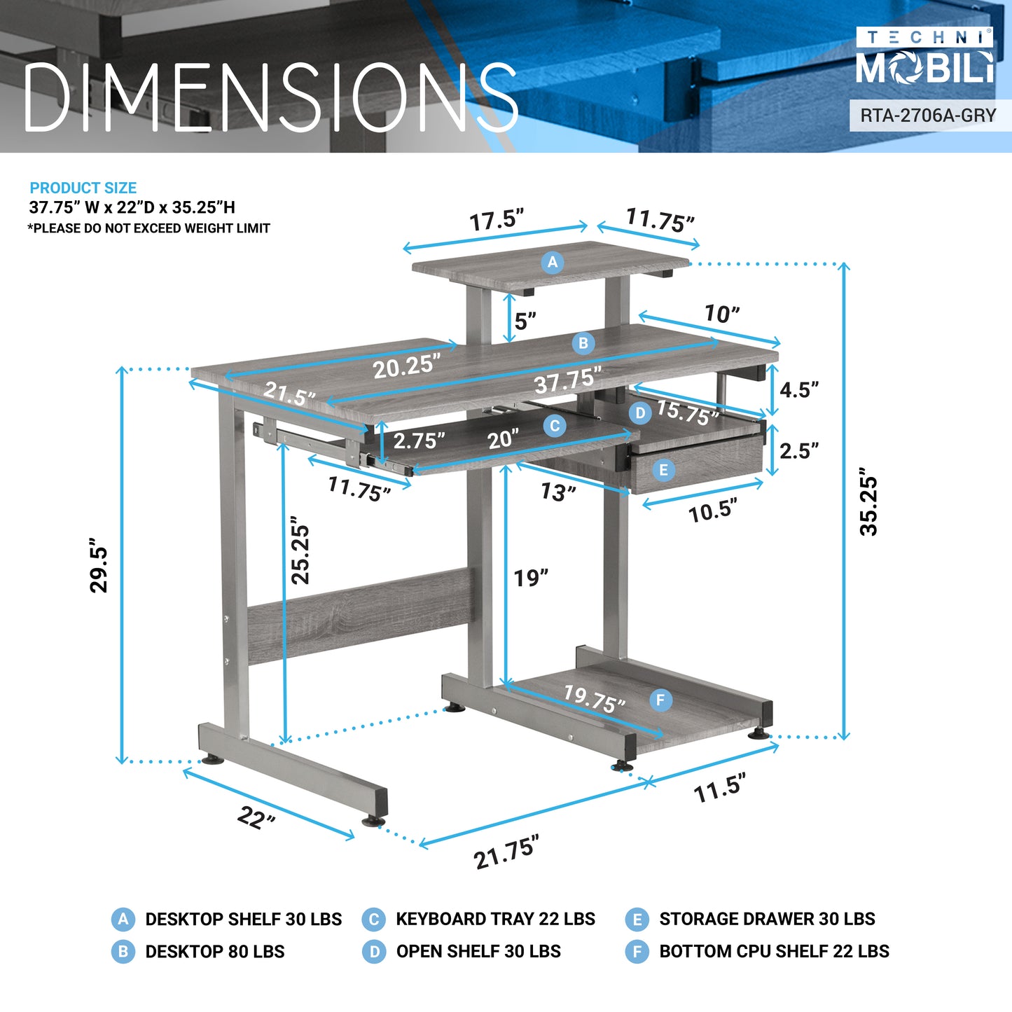 Techni Mobili Complete Computer Workstation Desk, Grey