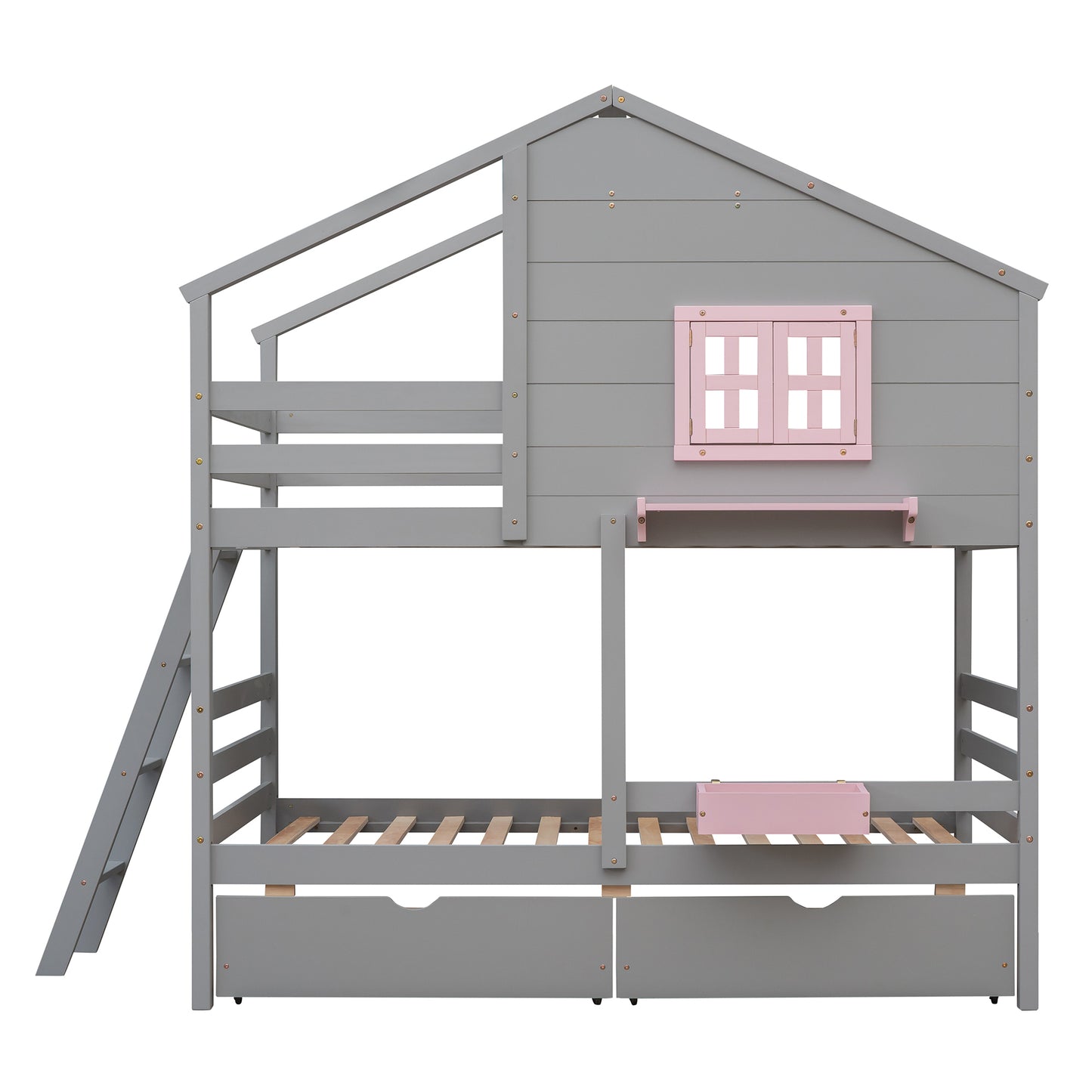 Twin over Twin Bunk Bed with 2 Drawers, 1 Storage Box, 1 Shelf, Window and Roof-Gray(OLD SKU:LT000608AAE)