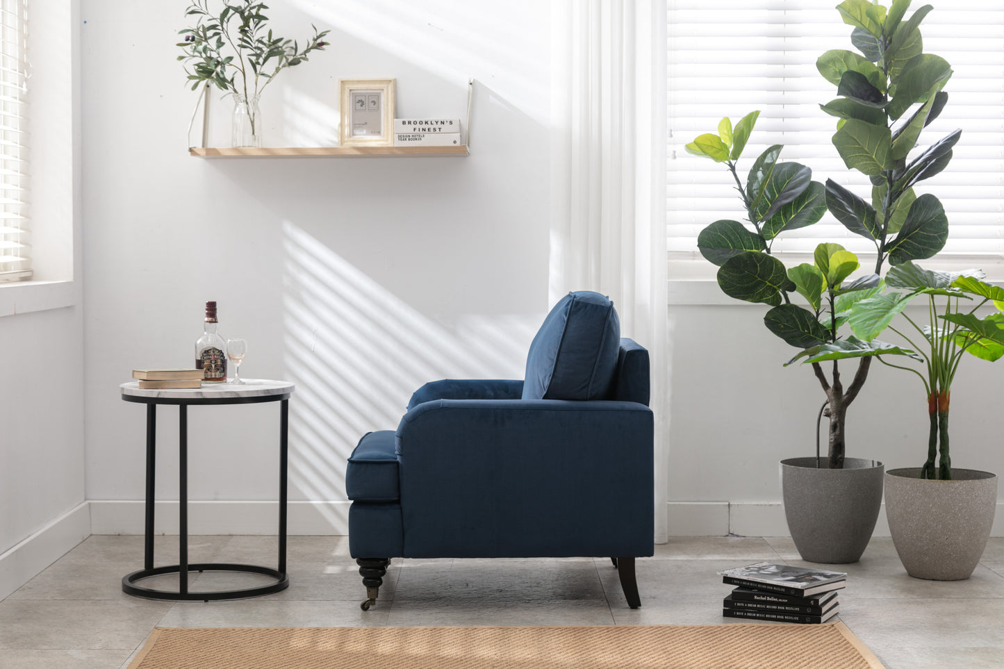 Velvet Accent Chair, Sofa Armchair with Casters, Mid-Century Modern Velvet Upholstered Comfort Oversized Armchair with Wooden Legs, Reading Chair，Living Room Chair, Dark  Blue