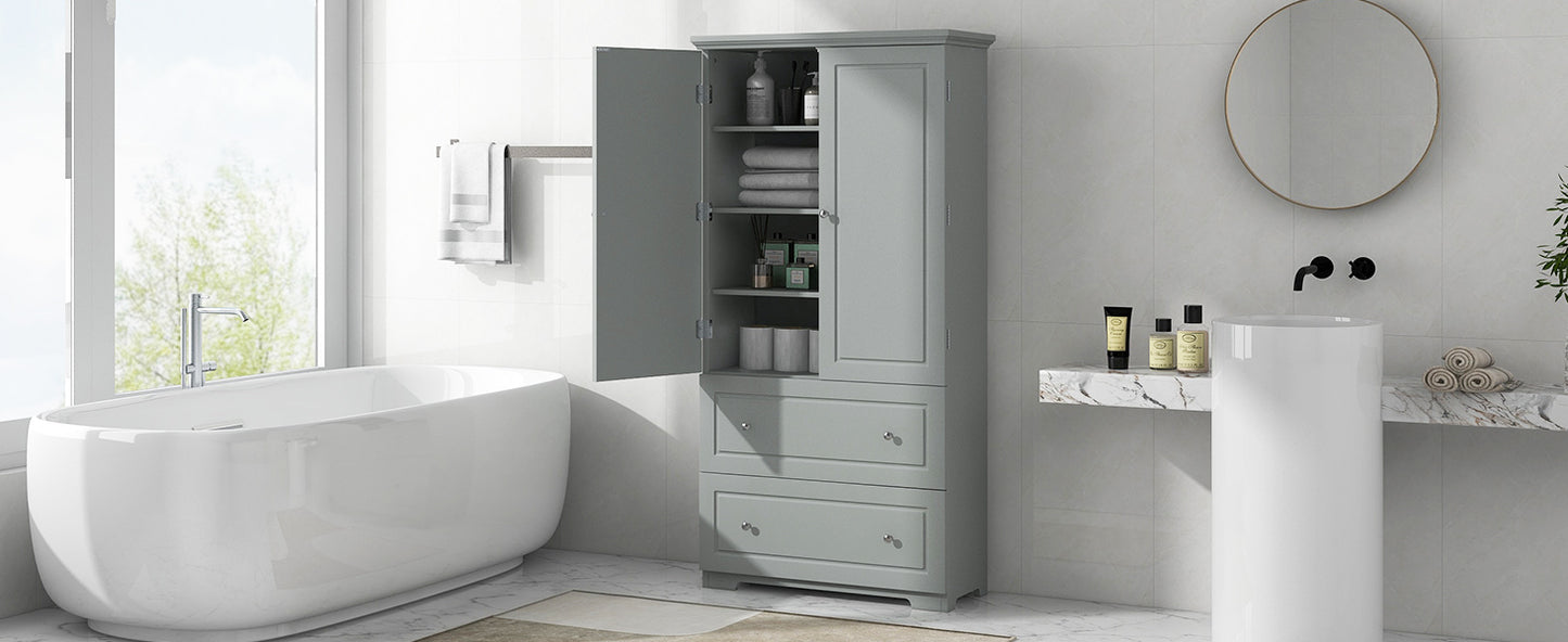 Wide Bathroom Storage Cabinet, Freestanding Storage Cabinet with Two Drawers and Adjustable Shelf, MDF Board with Painted Finish, Grey