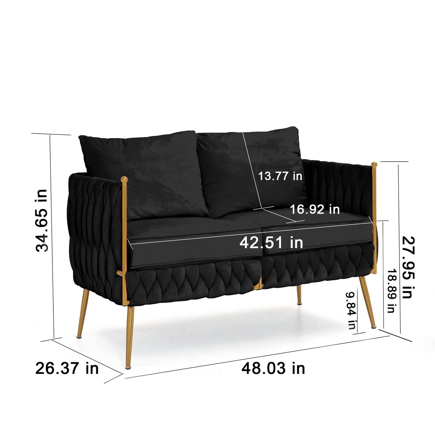 2 Pieces of Loveseat Set Modern Living Room Furniture Set Sofa Couch with Dutch Velvet, Golden Metal Legs And Handmade Woven Back, Black Velvet