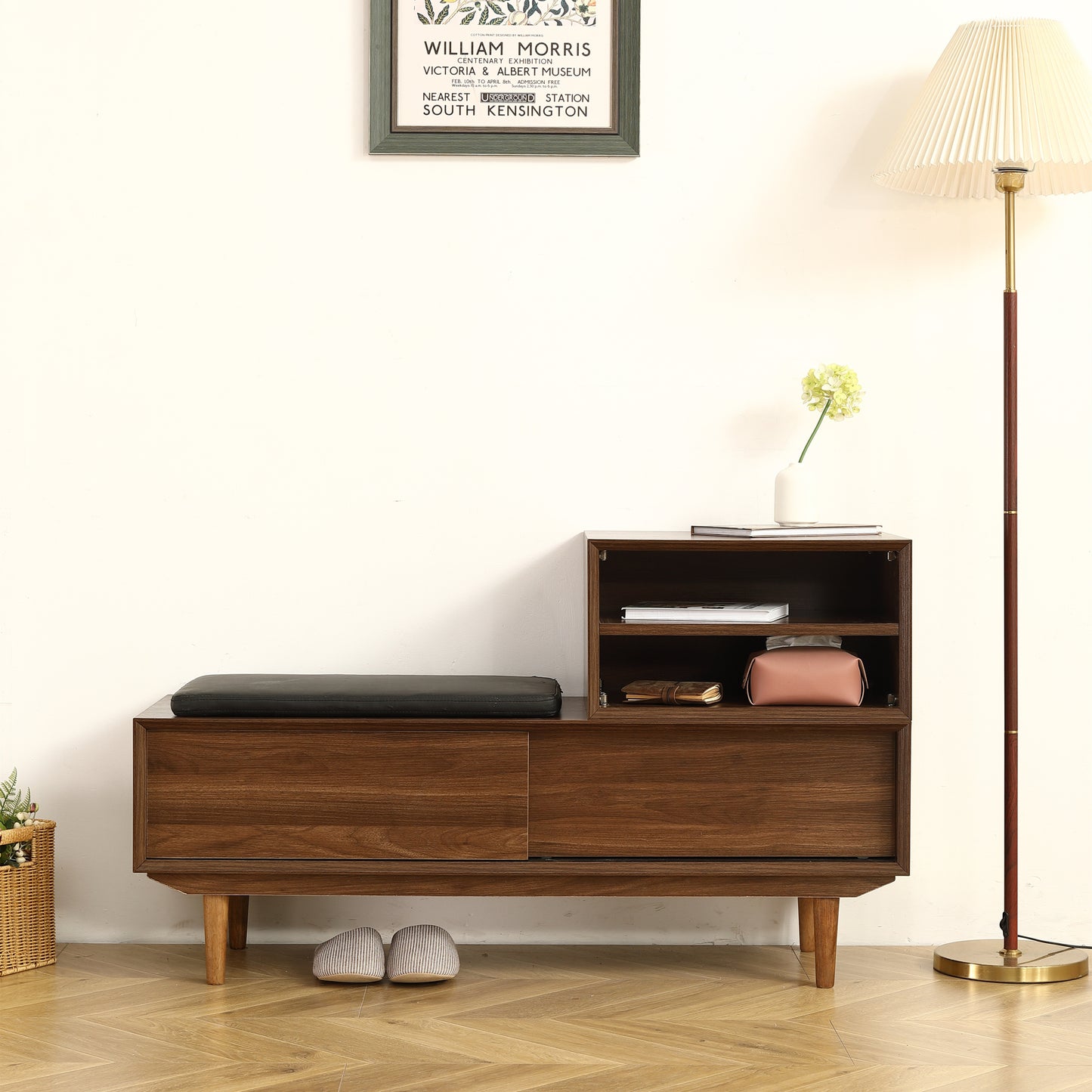 Modern Shoe Changing Cabinet with Cushion - 47.24 Inch, Black Walnut Finish, Solid Wood Legs - Spacious and Fashionable Shoe Cabinet